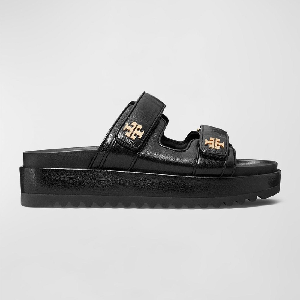 Tory Burch Black Leather Platform Double-Strap Sandal with Gold Logo